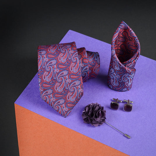 Axlon Mens Plaid Micro Self Silk Necktie Gift Set With Pocket Square Cufflinks & Brooch Pin Tie for Men Formal Tie Set with Box